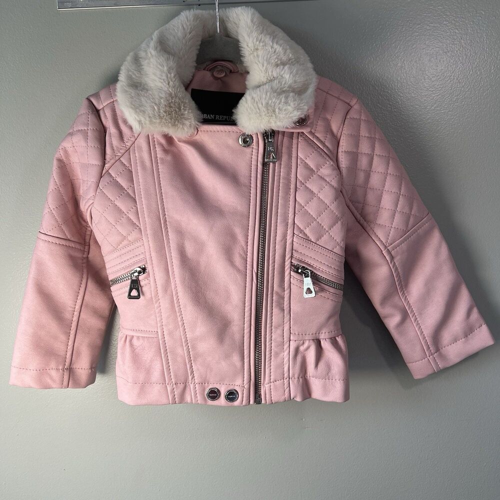 Urban‎ Republic Pink Faux Leather Jacket w removable fur collar, Size 2T